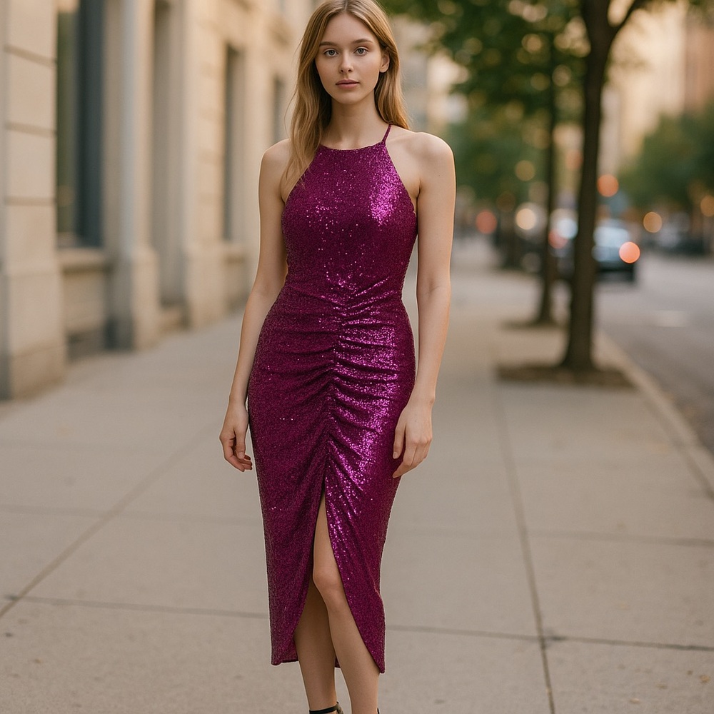 NWT $350 ONE 33 Social All over Sequins Front Slit Dress In color Fuchsia SZ-8